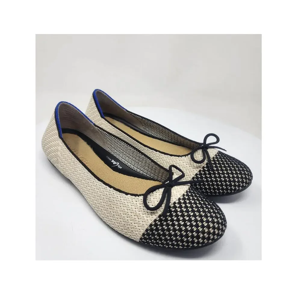 ROTHY'S Coco Ballet Flats Women 8.5 Cream & Black Round Cap Toe with Bow